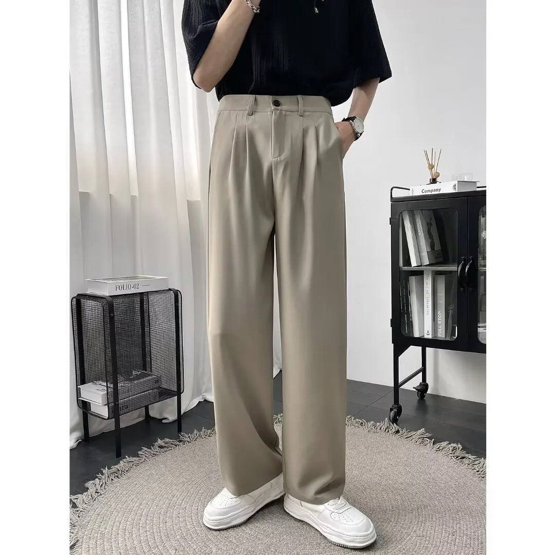 Men's black anti-wrinkle high-waist straight leg suit trousers with polyester fabric