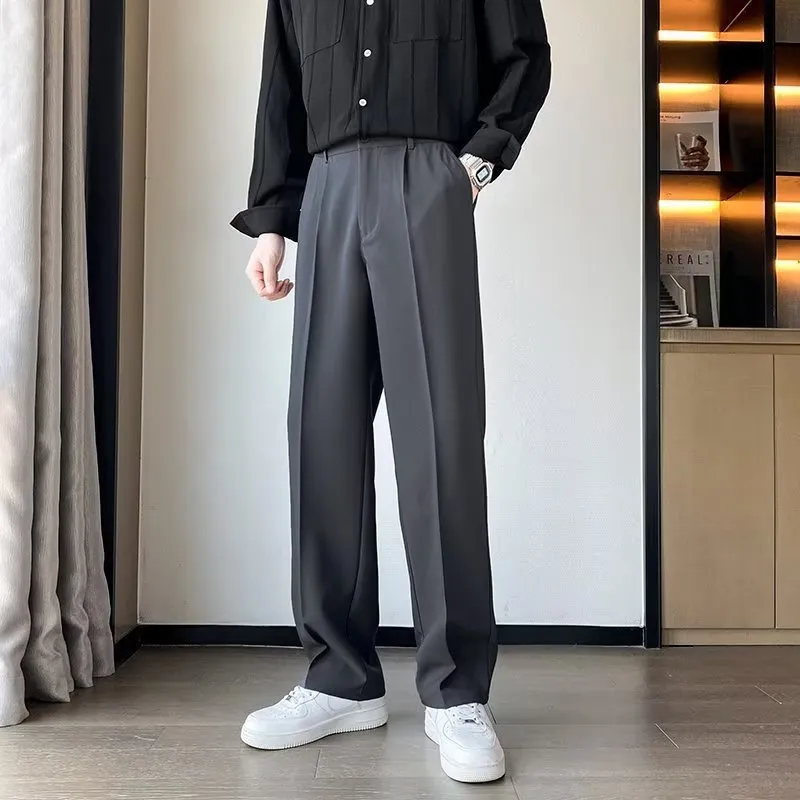 Men's black anti-wrinkle high-waist straight leg suit trousers with polyester fabric