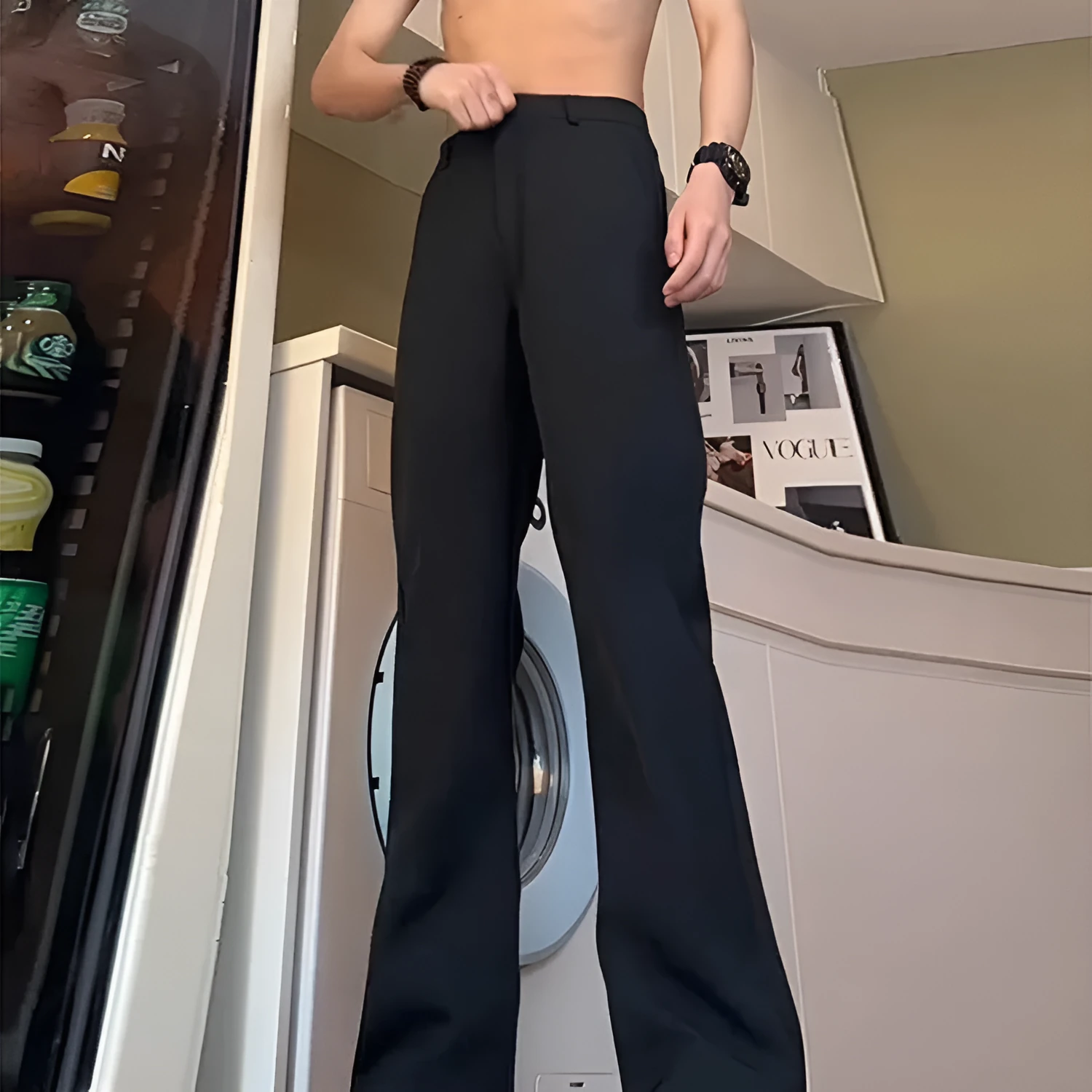 Men's black anti-wrinkle high-waist straight leg suit trousers with polyester fabric