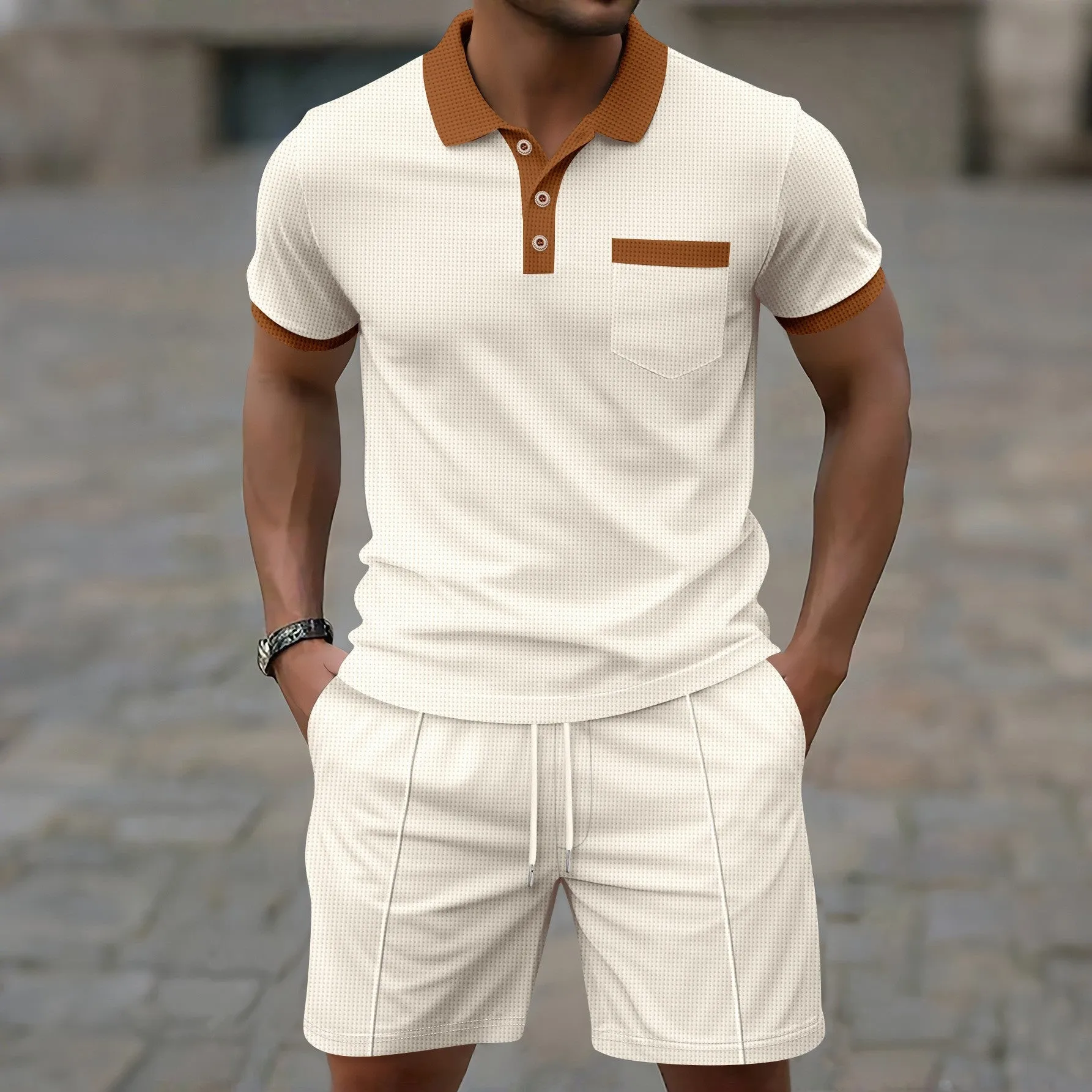 Men's waffle lapel suit summer casual two-piece set in polyester fibre, showing front view of top and matching trousers.