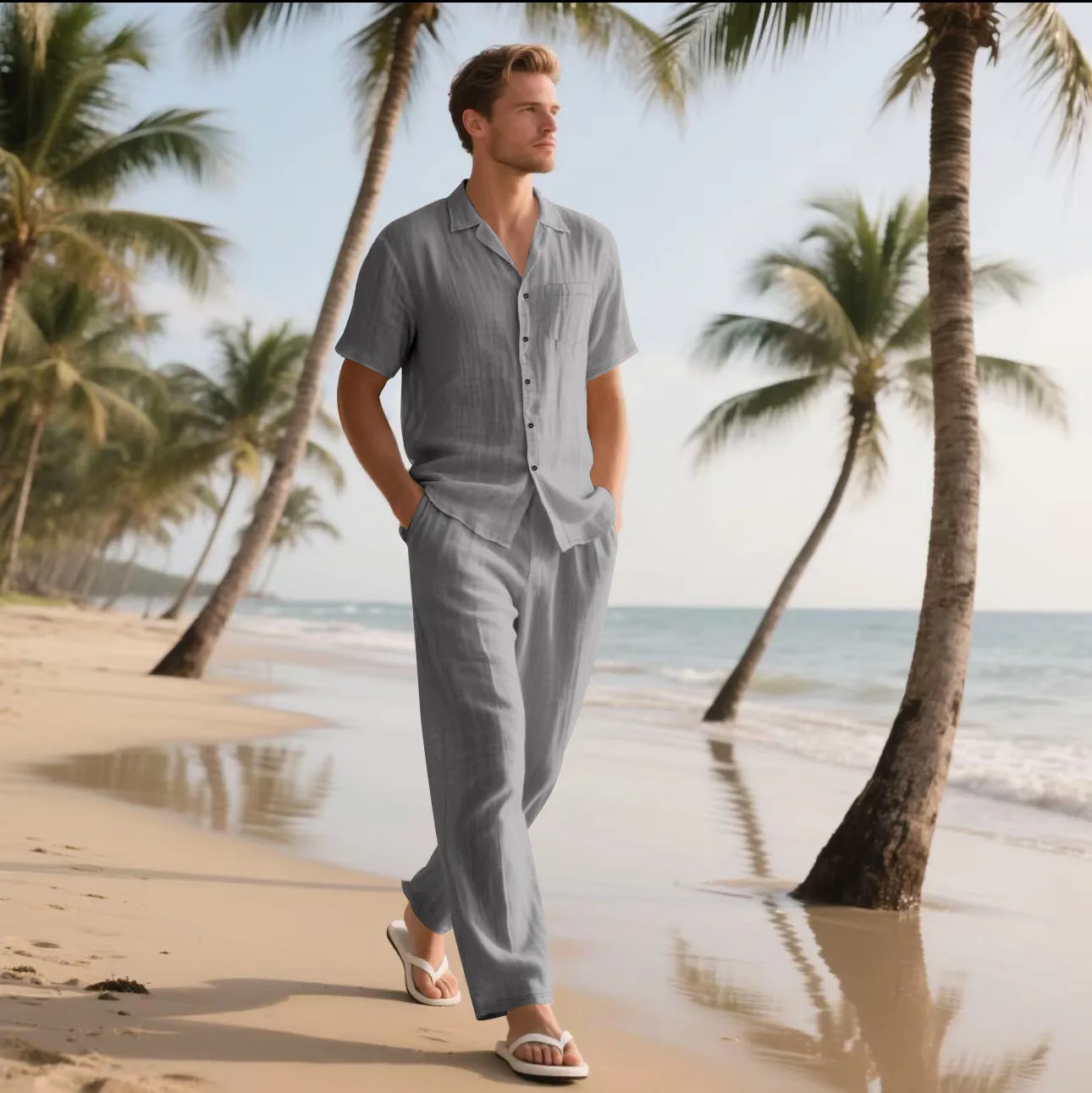Two-piece casual linen-blend button polo beach suit with short sleeves and trousers in khaki colour