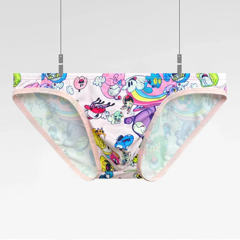 Cartoon bikini high fork men's briefs in seamless knitted nylon, low waist, pink colour, front view