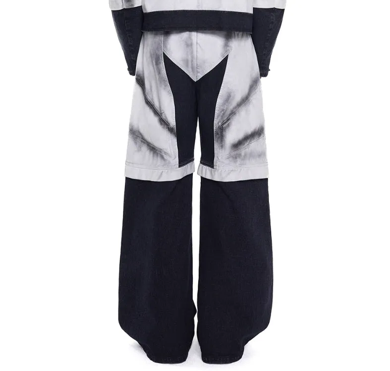 Men's short leather patchwork denim coat with hand-painted spray details, front zip, and lapel collar