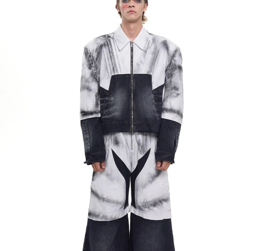Men's short leather patchwork denim coat with hand-painted spray details, front zip, and lapel collar