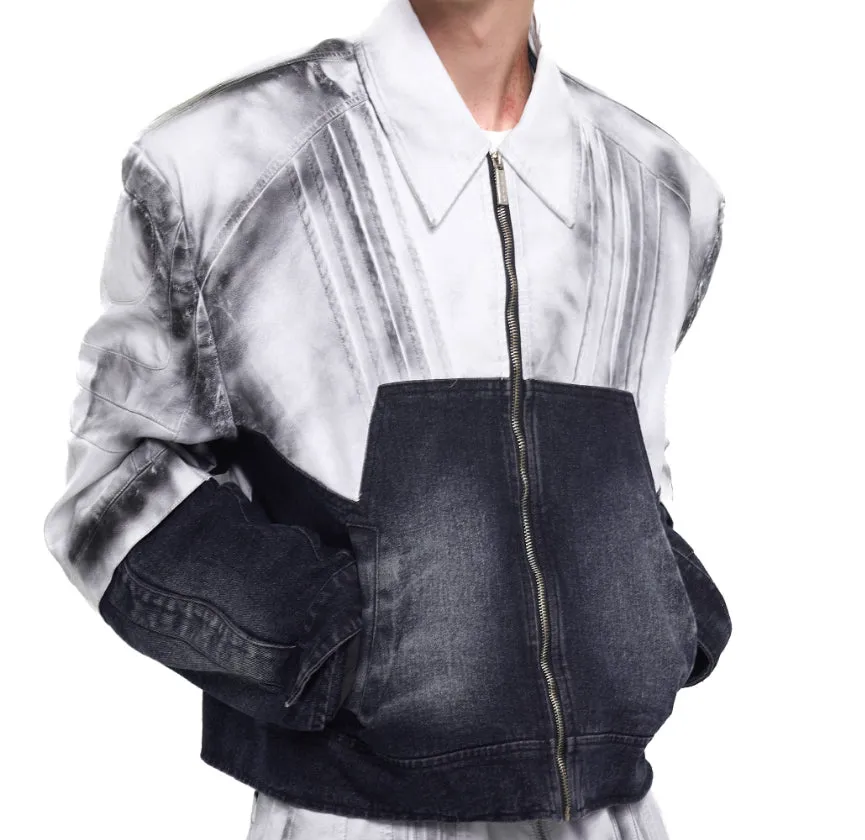 Men's short leather patchwork denim coat with hand-painted spray details, front zip, and lapel collar