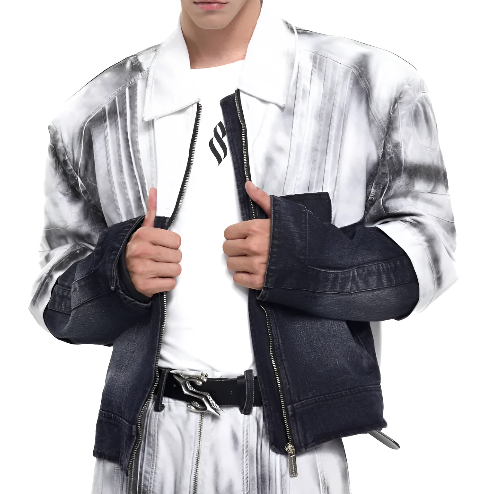 Men's short leather patchwork denim coat with hand-painted spray details, front zip, and lapel collar