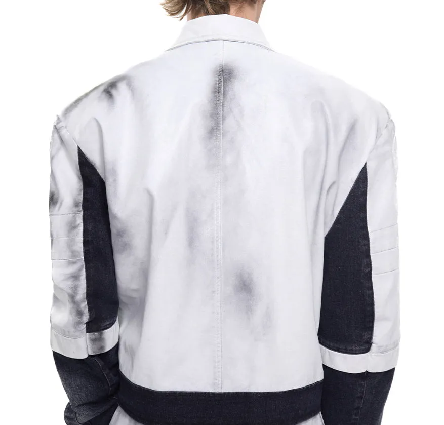 Men's short leather patchwork denim coat with hand-painted spray details, front zip, and lapel collar