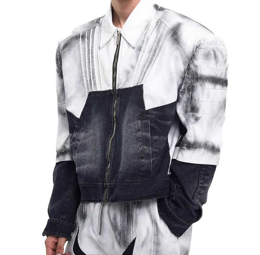 Men's short leather patchwork denim coat with hand-painted spray details, front zip, and lapel collar