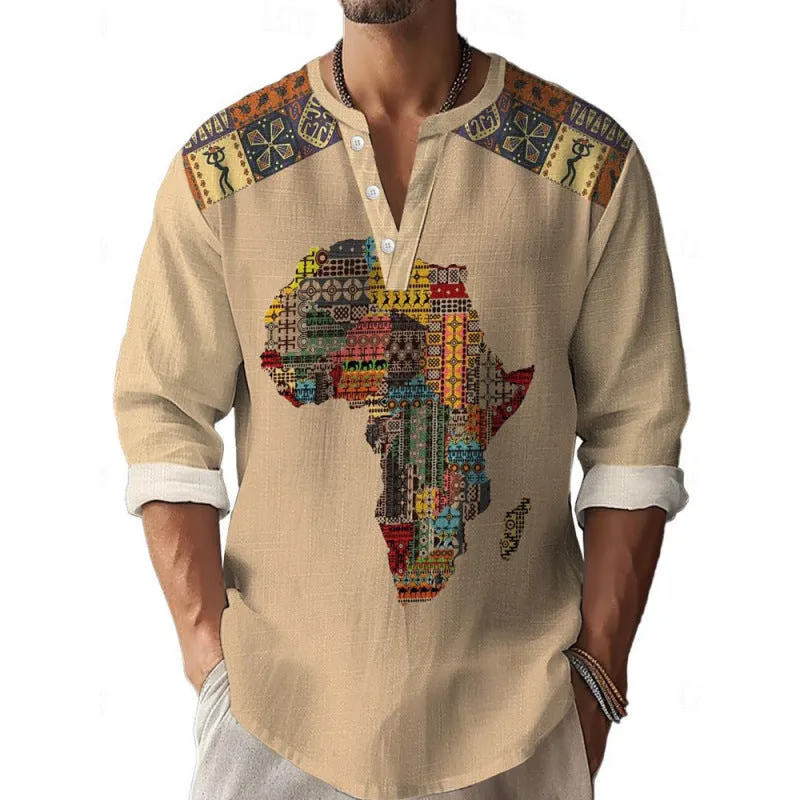 Men's 3D digital printing bamboo linen long sleeve pullover loose fit casual top spring autumn