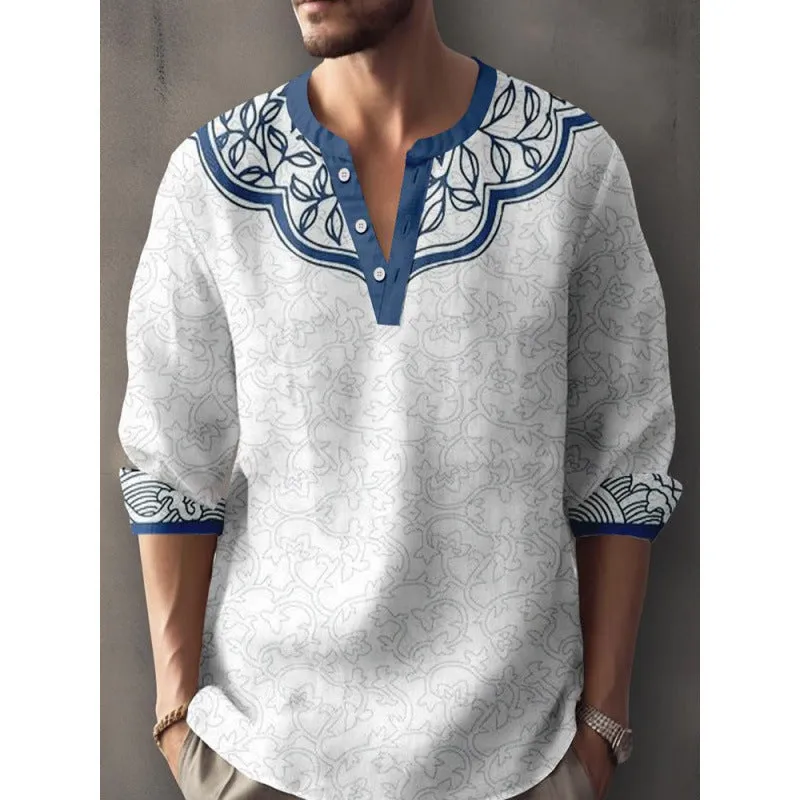 Men's 3D digital printing bamboo linen long sleeve pullover loose fit casual top spring autumn