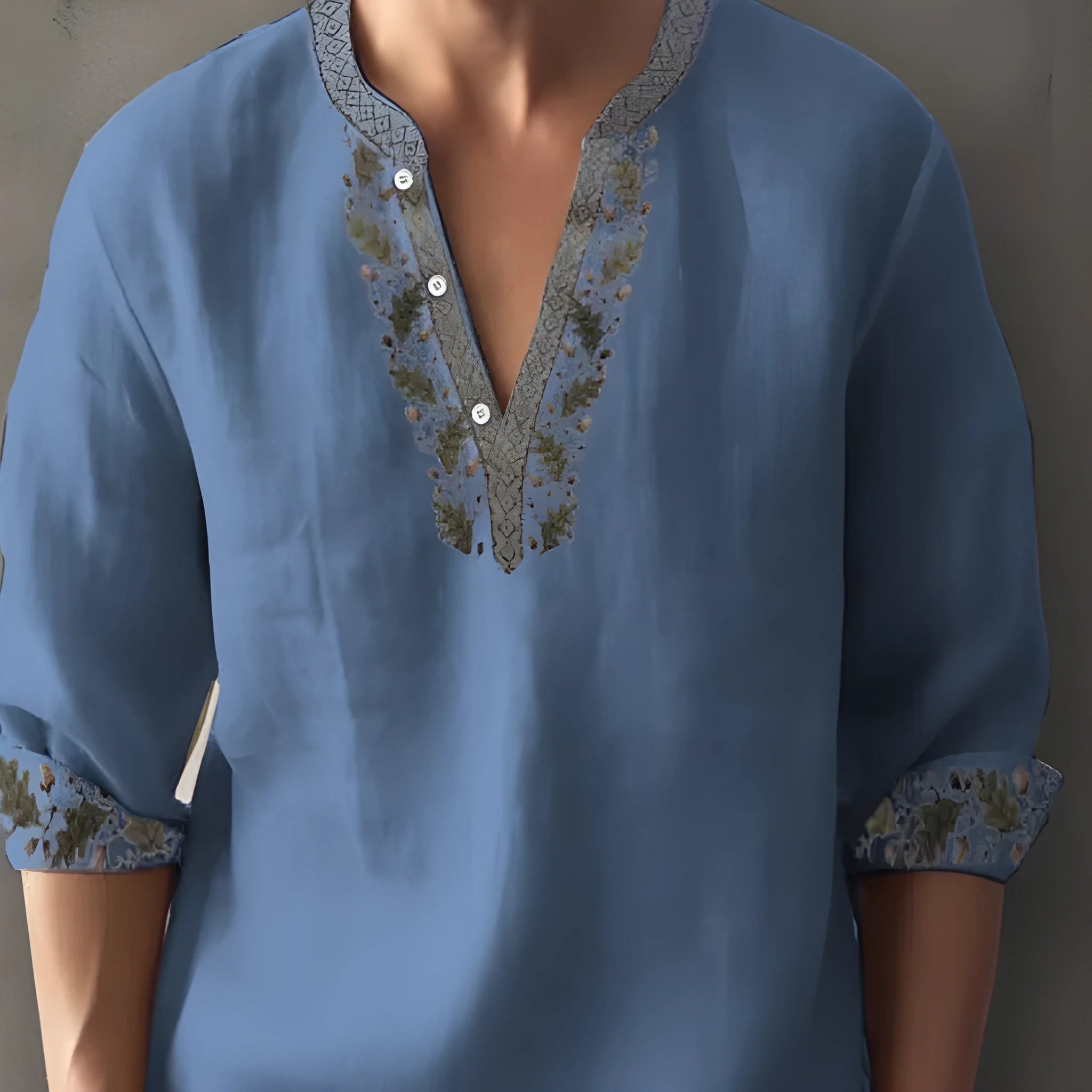 Men's 3D digital printing bamboo linen long sleeve pullover loose fit casual top spring autumn