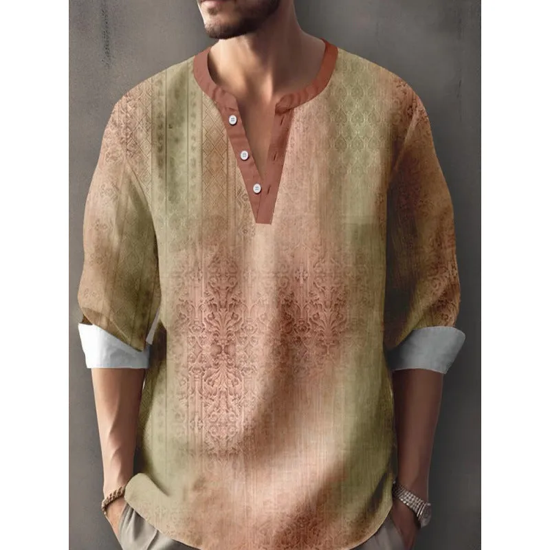 Men's 3D digital printing bamboo linen long sleeve pullover loose fit casual top spring autumn