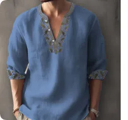 Men's 3D digital printing bamboo linen long sleeve pullover loose fit casual top spring autumn
