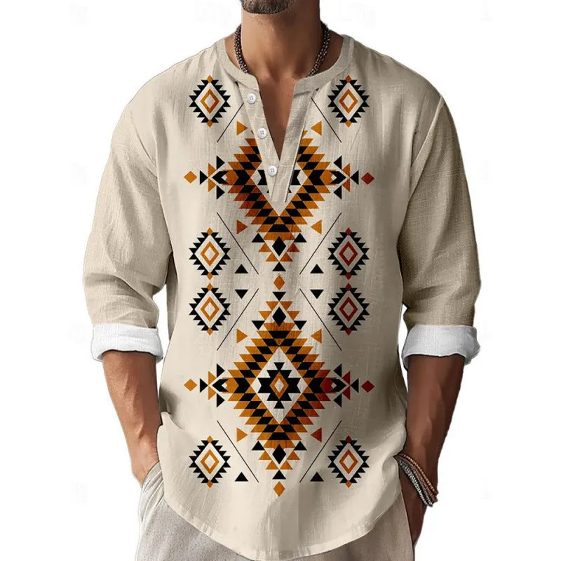 Men's 3D digital printing bamboo linen long sleeve pullover loose fit casual top spring autumn