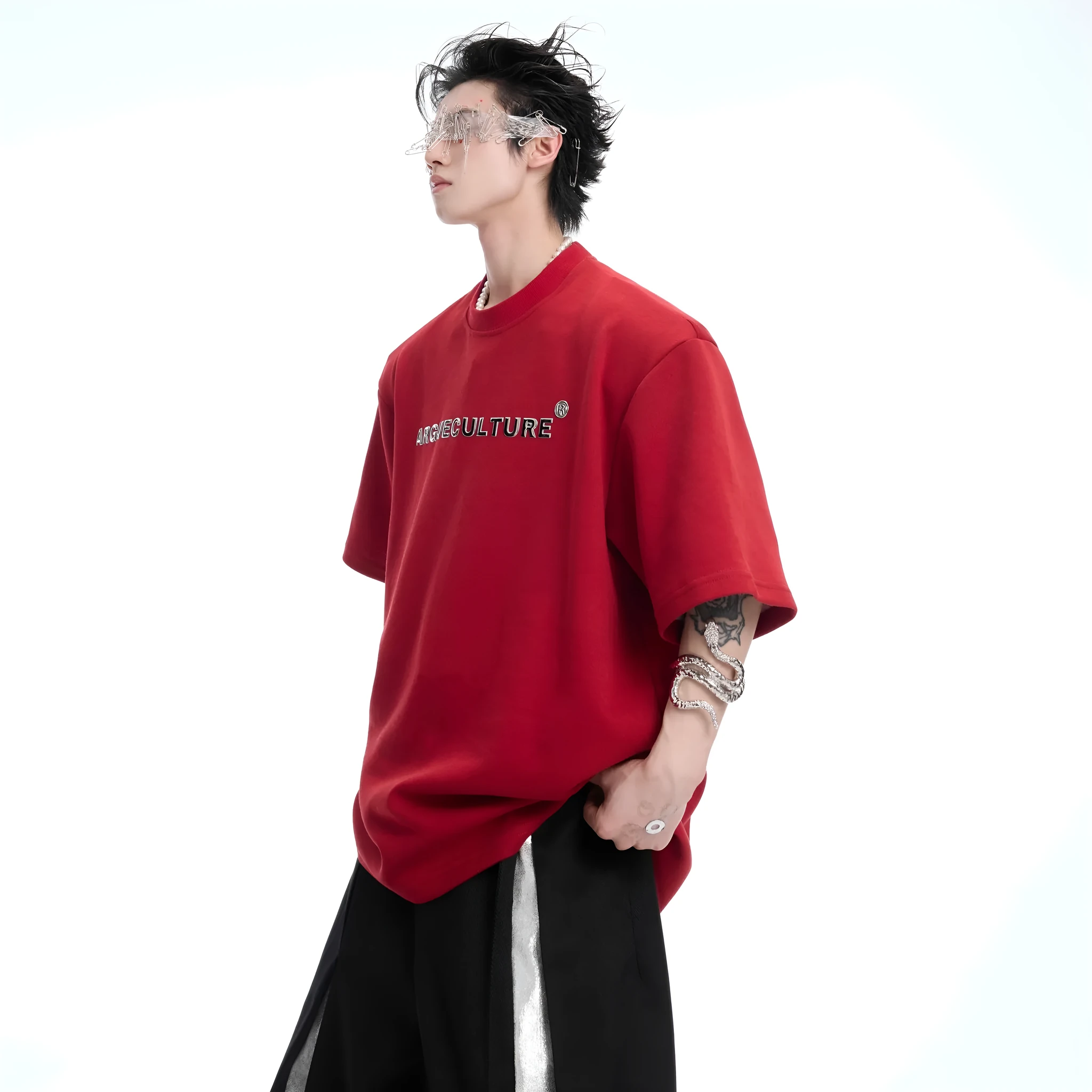 Cool black men's snake pupil backbone embroidered pure cotton short sleeve T-shirt loose fit