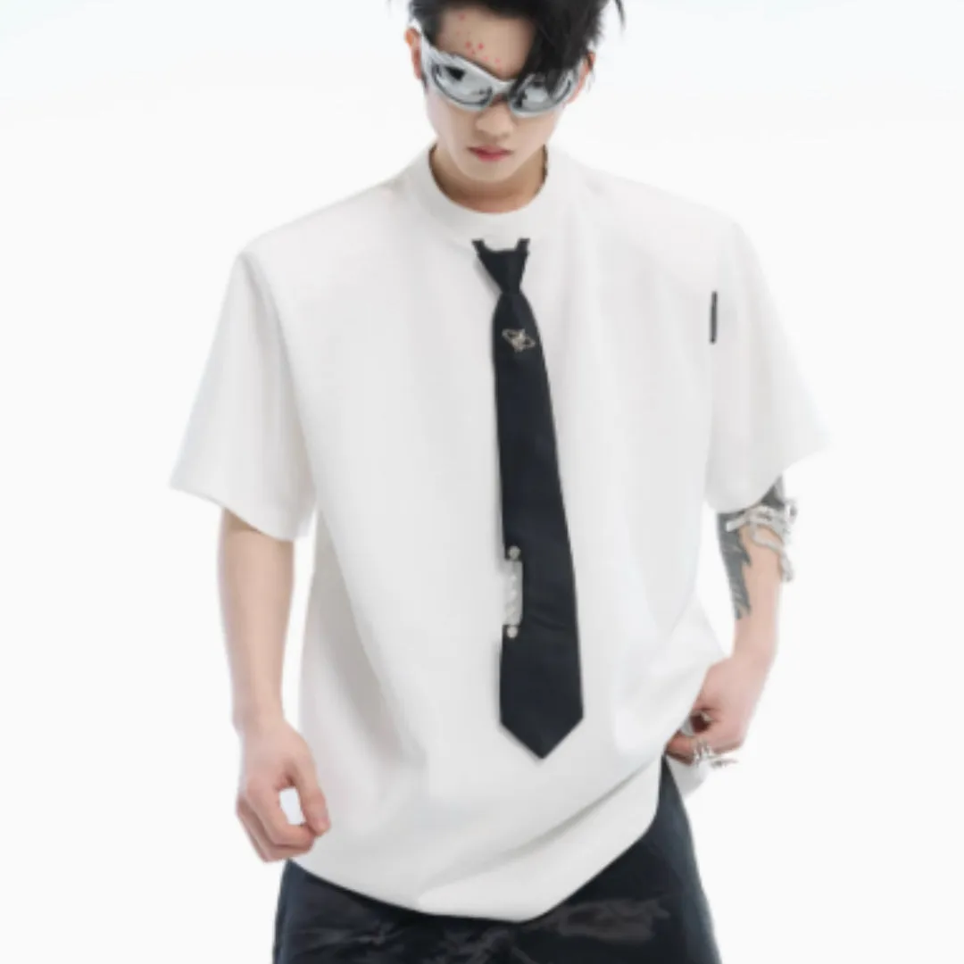 Niche tie stitching short sleeve solid colour top in black with metal decorations, loose fit summer style