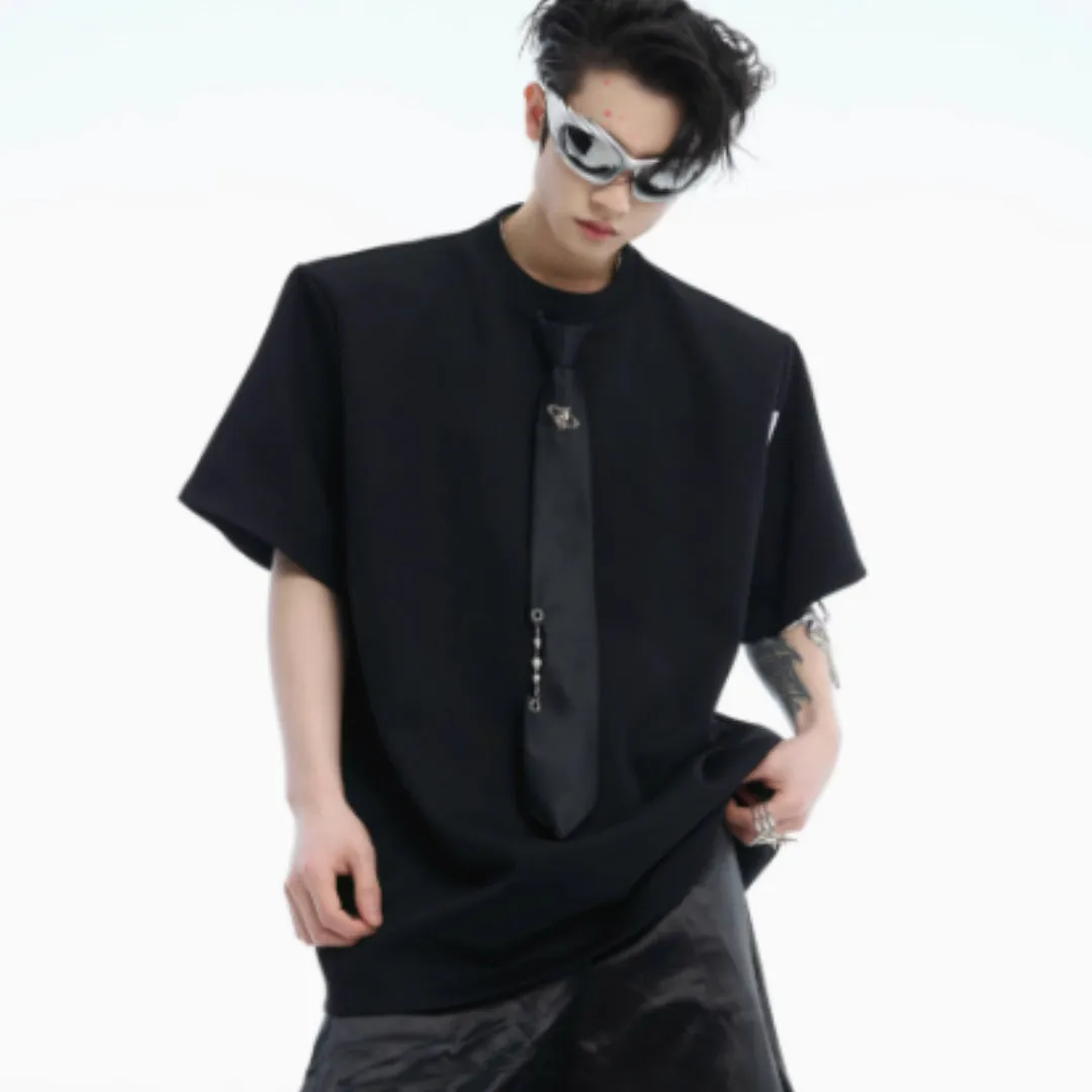 Niche tie stitching short sleeve solid colour top in black with metal decorations, loose fit summer style