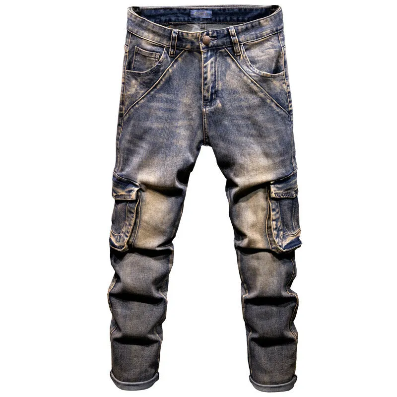 Man wearing loose-fit blue denim hip hop trousers with multiple pockets and a straight leg.