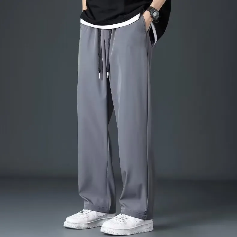 Ice silk men's wide leg drooping pants in black, elastic waist, straight cut, summer casual trousers