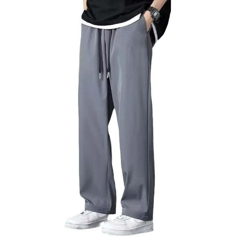 Ice silk men's wide leg drooping pants in black, elastic waist, straight cut, summer casual trousers