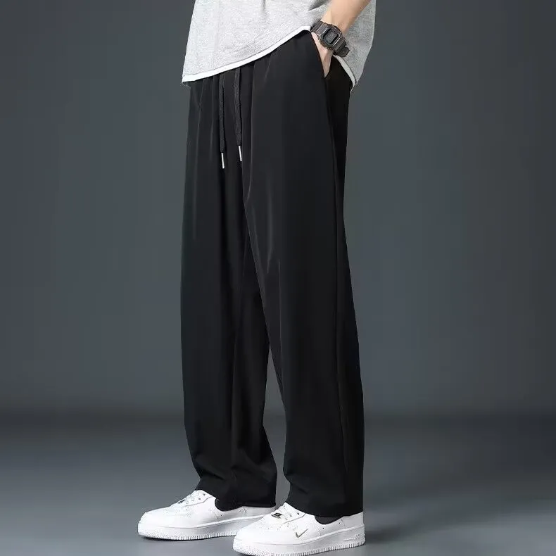 Ice silk men's wide leg drooping pants in black, elastic waist, straight cut, summer casual trousers