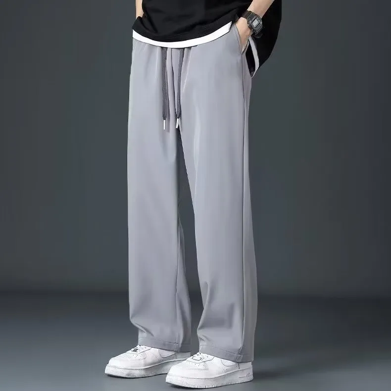 Ice silk men's wide leg drooping pants in black, elastic waist, straight cut, summer casual trousers