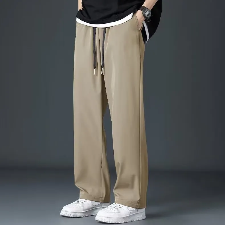 Ice silk men's wide leg drooping pants in black, elastic waist, straight cut, summer casual trousers