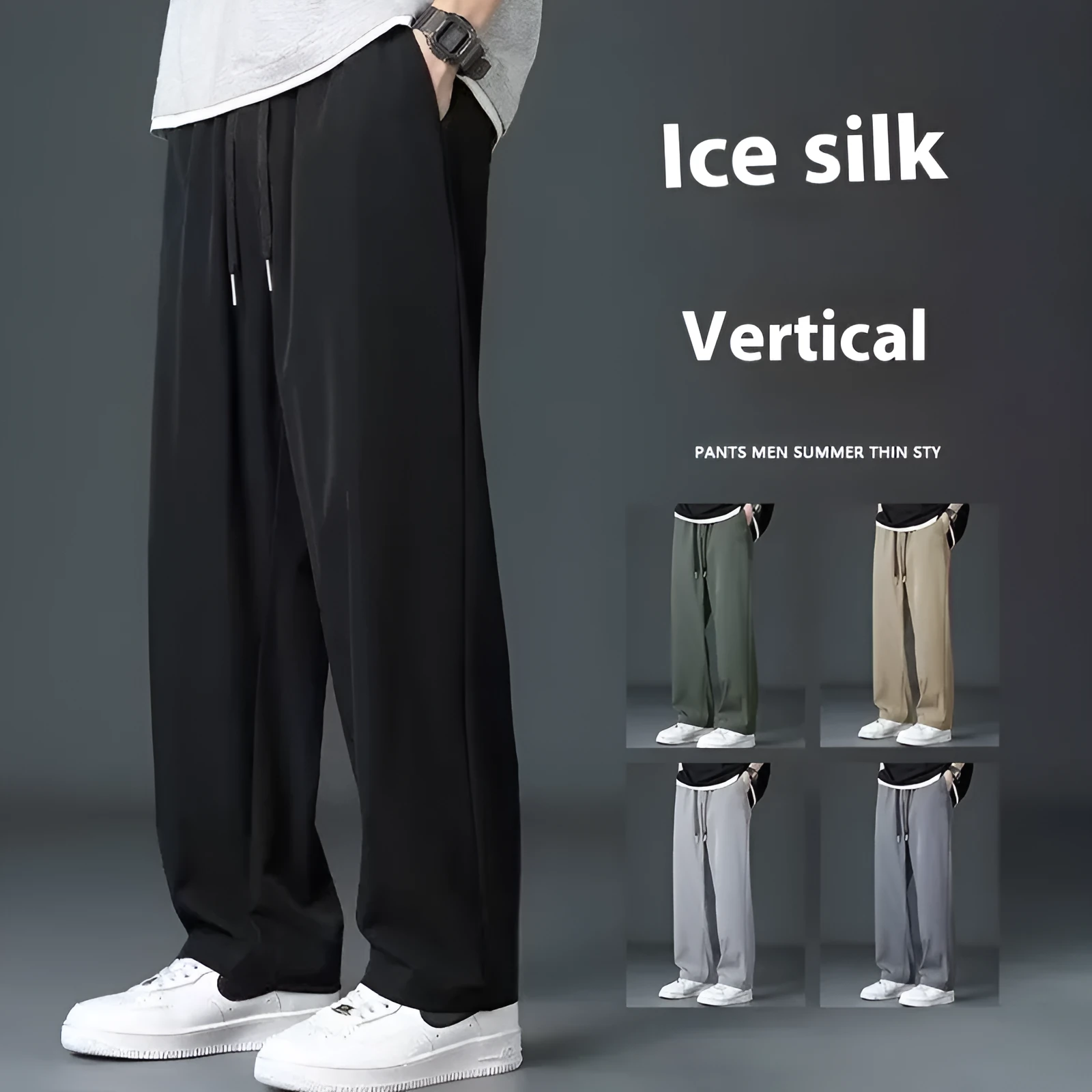 Ice silk men's wide leg drooping pants in black, elastic waist, straight cut, summer casual trousers