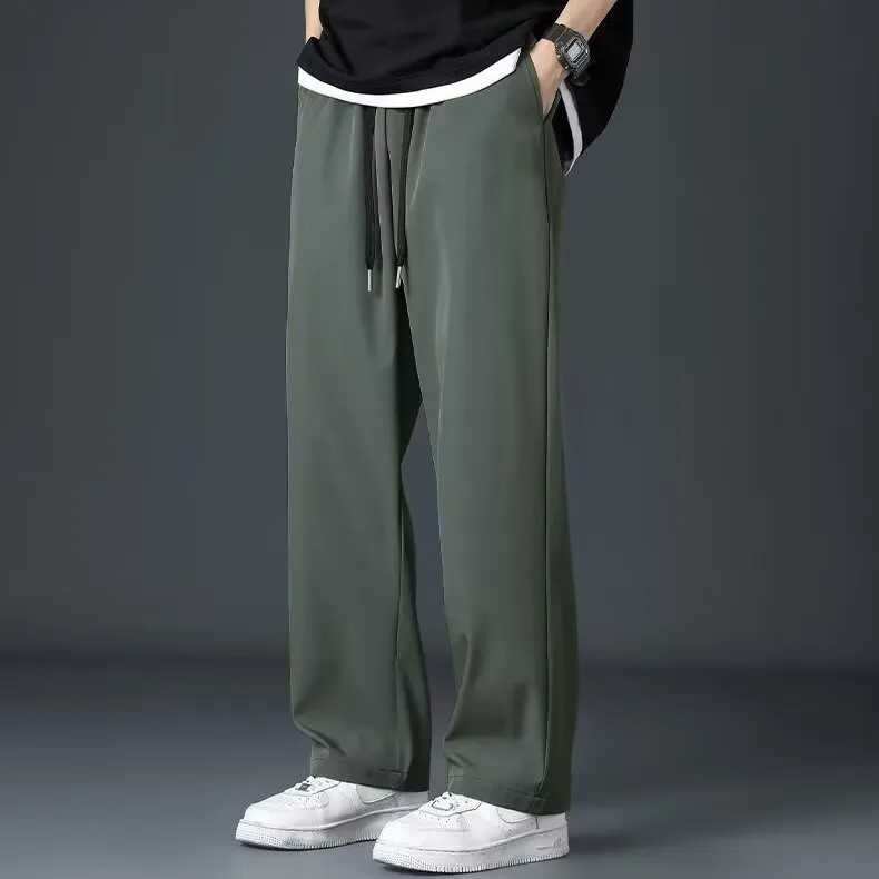 Ice silk men's wide leg drooping pants in black, elastic waist, straight cut, summer casual trousers