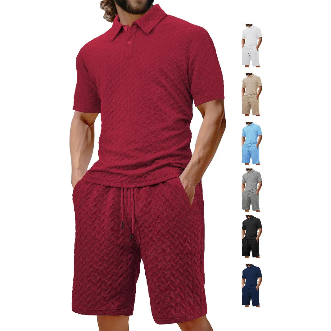 Men's summer lapel short sleeve shirt suit set with trousers in six colours, polyester fibre, sizes S to XXXL