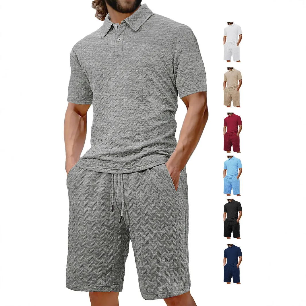 Men's summer lapel short sleeve shirt suit set with trousers in six colours, polyester fibre, sizes S to XXXL