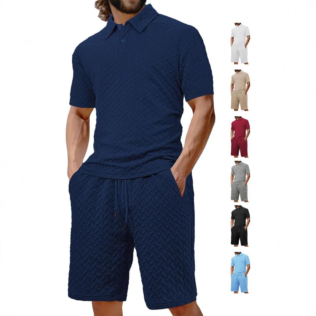 Men's summer lapel short sleeve shirt suit set with trousers in six colours, polyester fibre, sizes S to XXXL