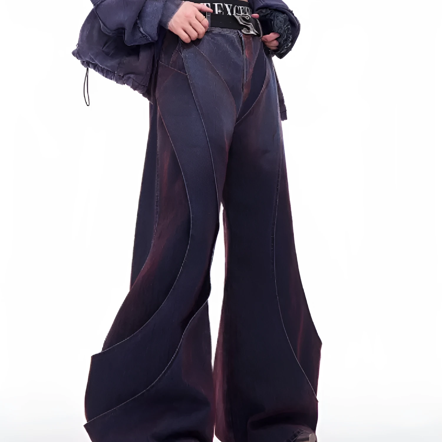 Men's niche deconstruction flocking jeans in brushed gradient wine red colour, wide leg, medium high waist, front zipper