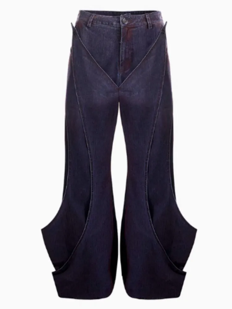 Men's niche deconstruction flocking jeans in brushed gradient wine red colour, wide leg, medium high waist, front zipper