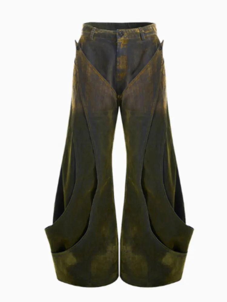 Men's niche deconstruction flocking jeans in brushed gradient wine red colour, wide leg, medium high waist, front zipper