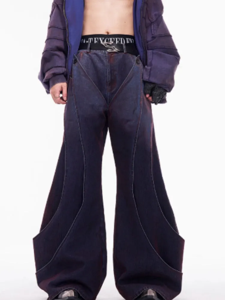 Men's niche deconstruction flocking jeans in brushed gradient wine red colour, wide leg, medium high waist, front zipper
