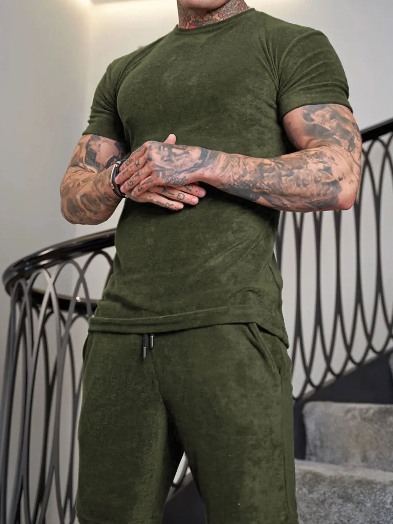 Mens Summer Running Suit Short Sleeve Shirt and Shorts Set in Cotton Blend Polyester Fabric Solid Colour Wine Red Green Royal Blue Dark Blue S M L XL XXL XXXL