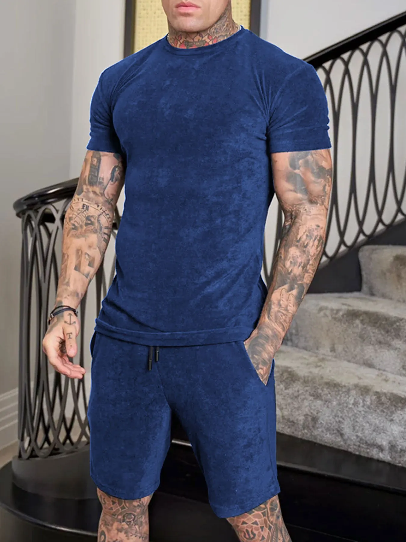 Mens Summer Running Suit Short Sleeve Shirt and Shorts Set in Cotton Blend Polyester Fabric Solid Colour Wine Red Green Royal Blue Dark Blue S M L XL XXL XXXL
