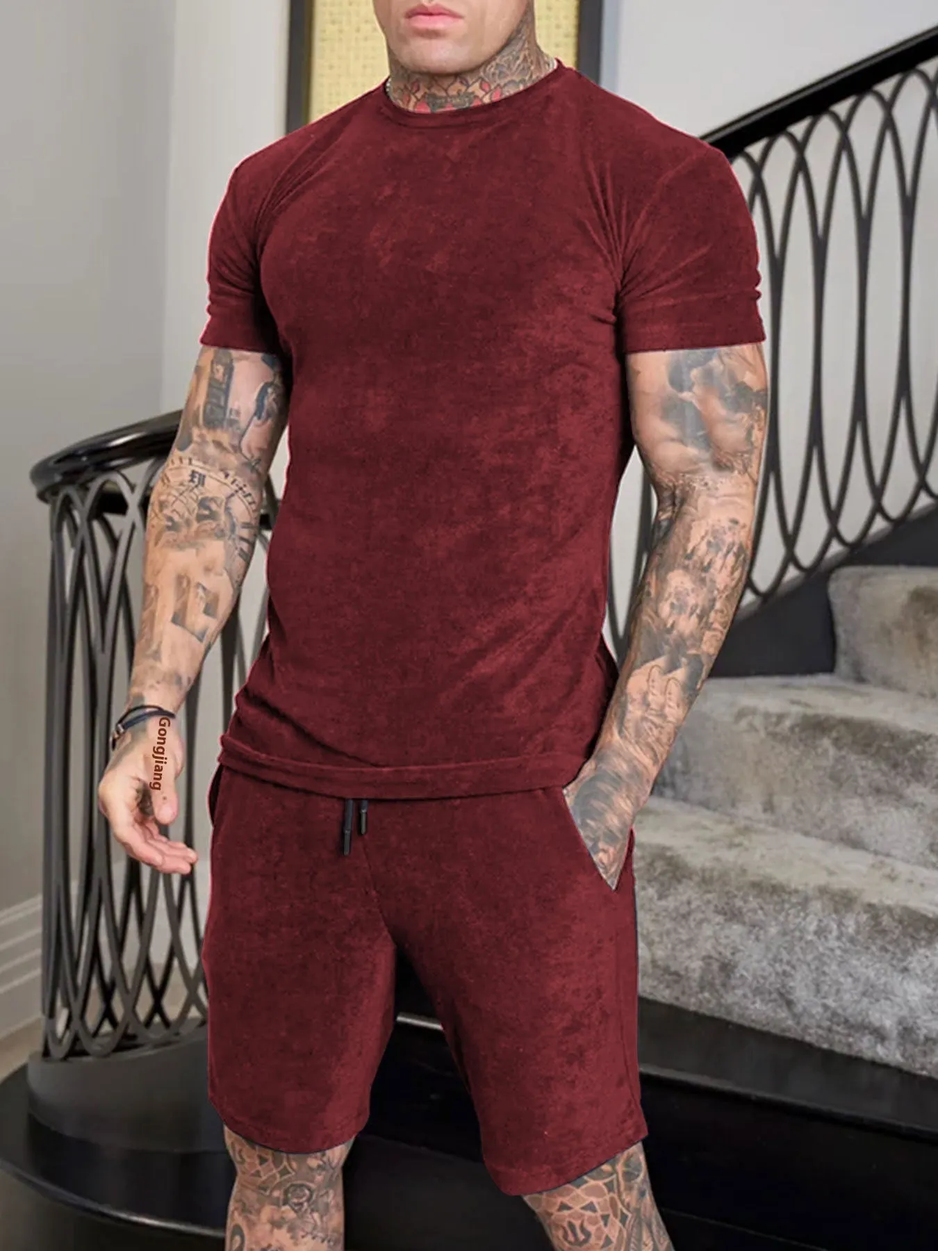 Mens Summer Running Suit Short Sleeve Shirt and Shorts Set in Cotton Blend Polyester Fabric Solid Colour Wine Red Green Royal Blue Dark Blue S M L XL XXL XXXL