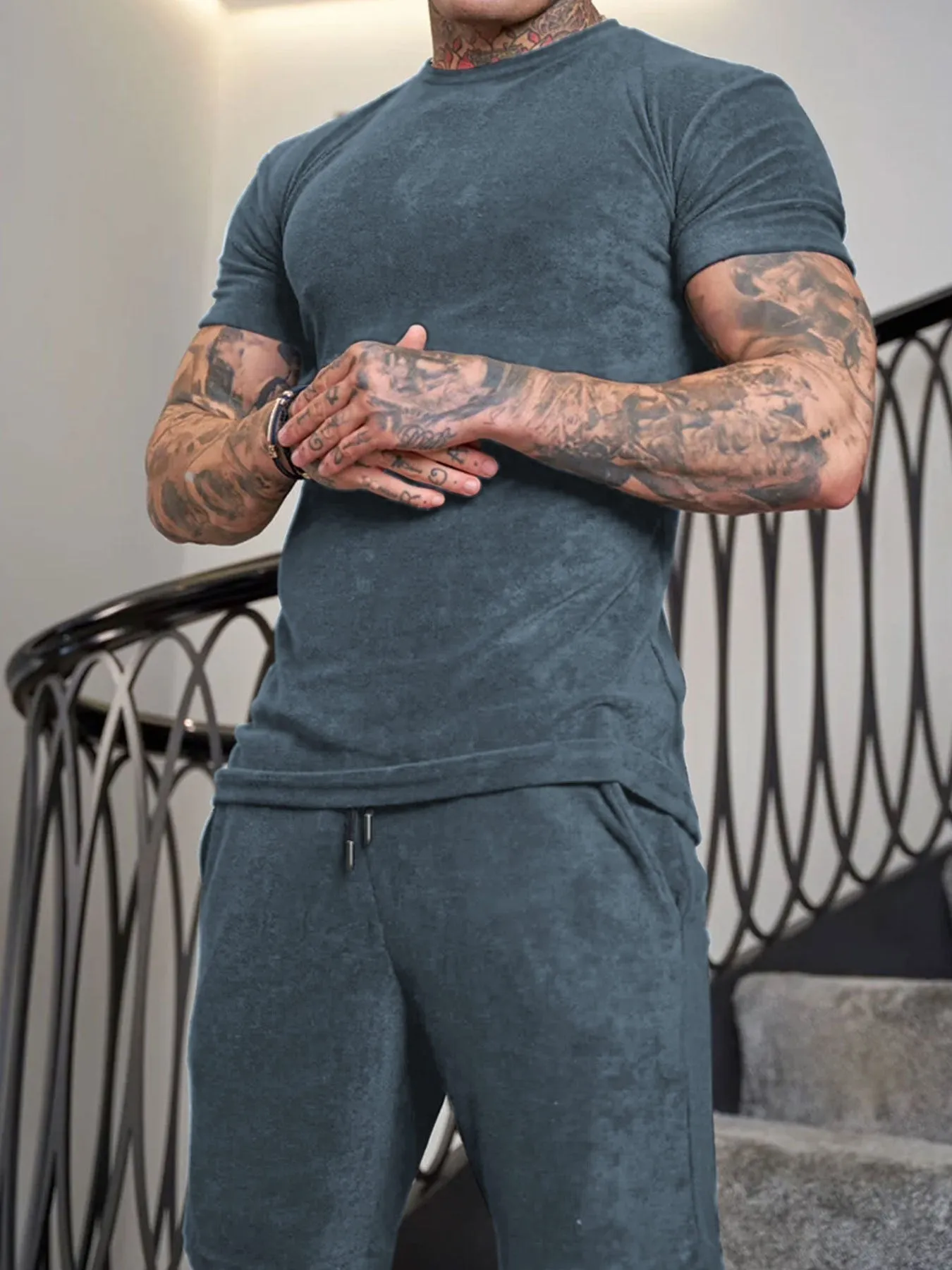 Mens Summer Running Suit Short Sleeve Shirt and Shorts Set in Cotton Blend Polyester Fabric Solid Colour Wine Red Green Royal Blue Dark Blue S M L XL XXL XXXL