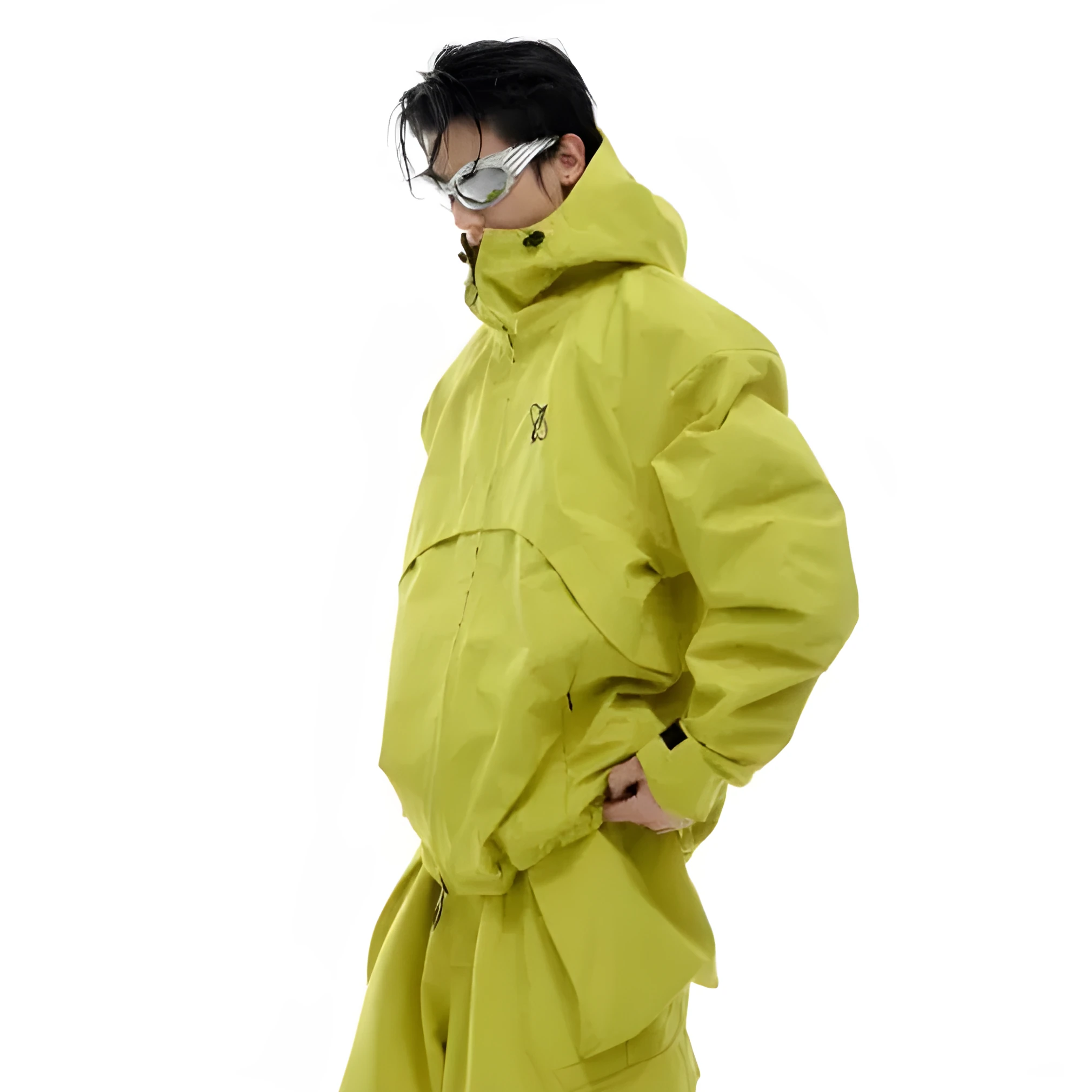 Waterproof and windproof men's and women's assault jacket set in green, coat and trousers, front view