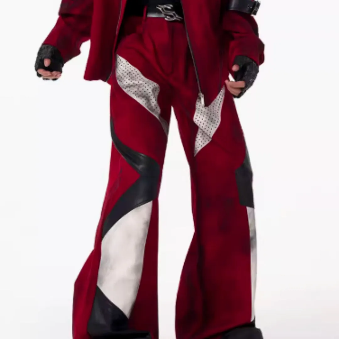 Niche leather patchwork design jeans for men in dark red with wide leg and water-washed denim