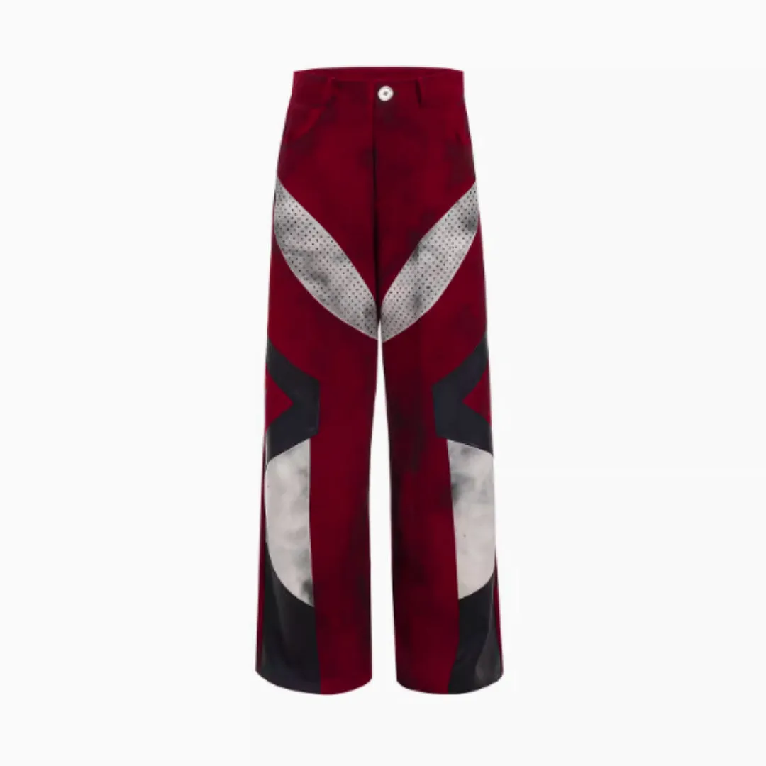 Niche leather patchwork design jeans for men in dark red with wide leg and water-washed denim