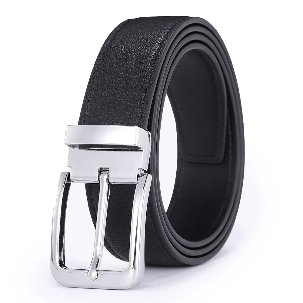 Men's brown genuine leather belt with alloy pin buckle showing embossed water flow pattern