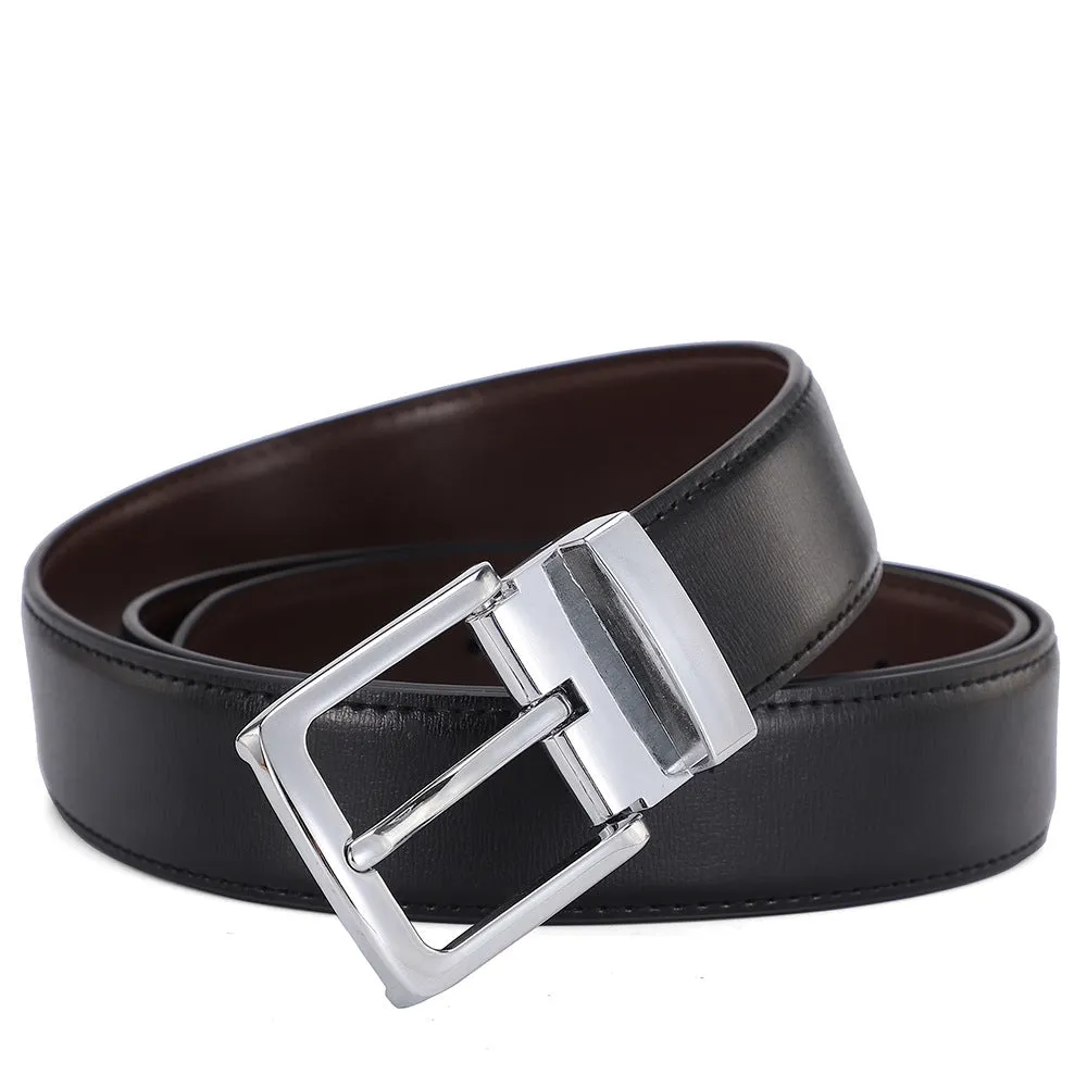 Men's brown genuine leather belt with alloy pin buckle showing embossed water flow pattern
