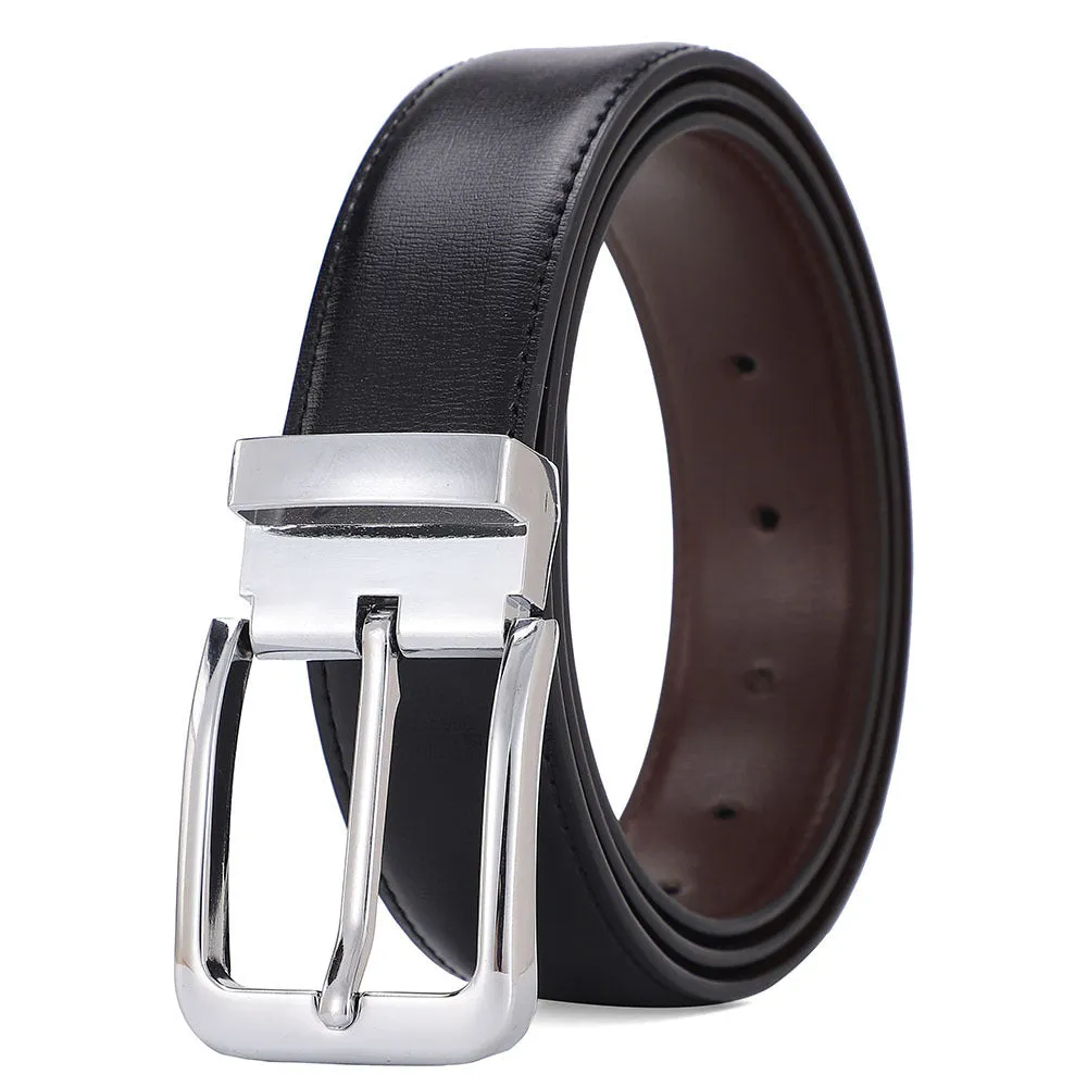Men's brown genuine leather belt with alloy pin buckle showing embossed water flow pattern