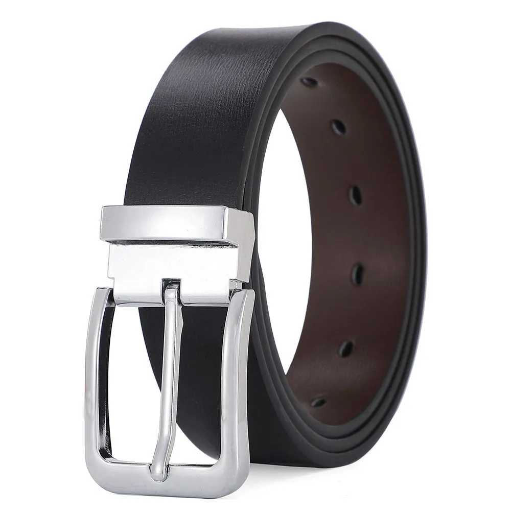 Men's brown genuine leather belt with alloy pin buckle showing embossed water flow pattern