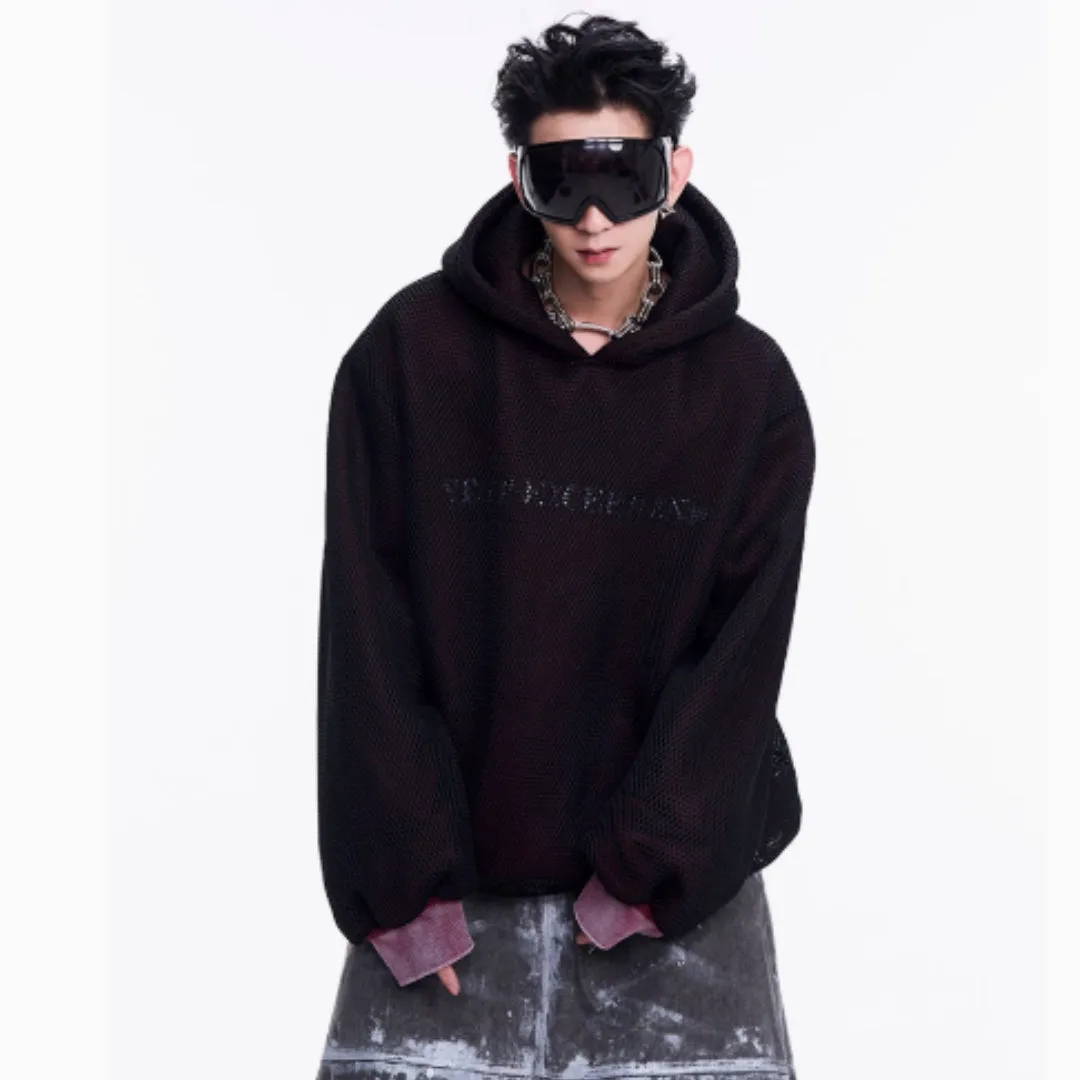 Men's black ash hollow out knitmesh hooded fleece lined sweater loose fit side view