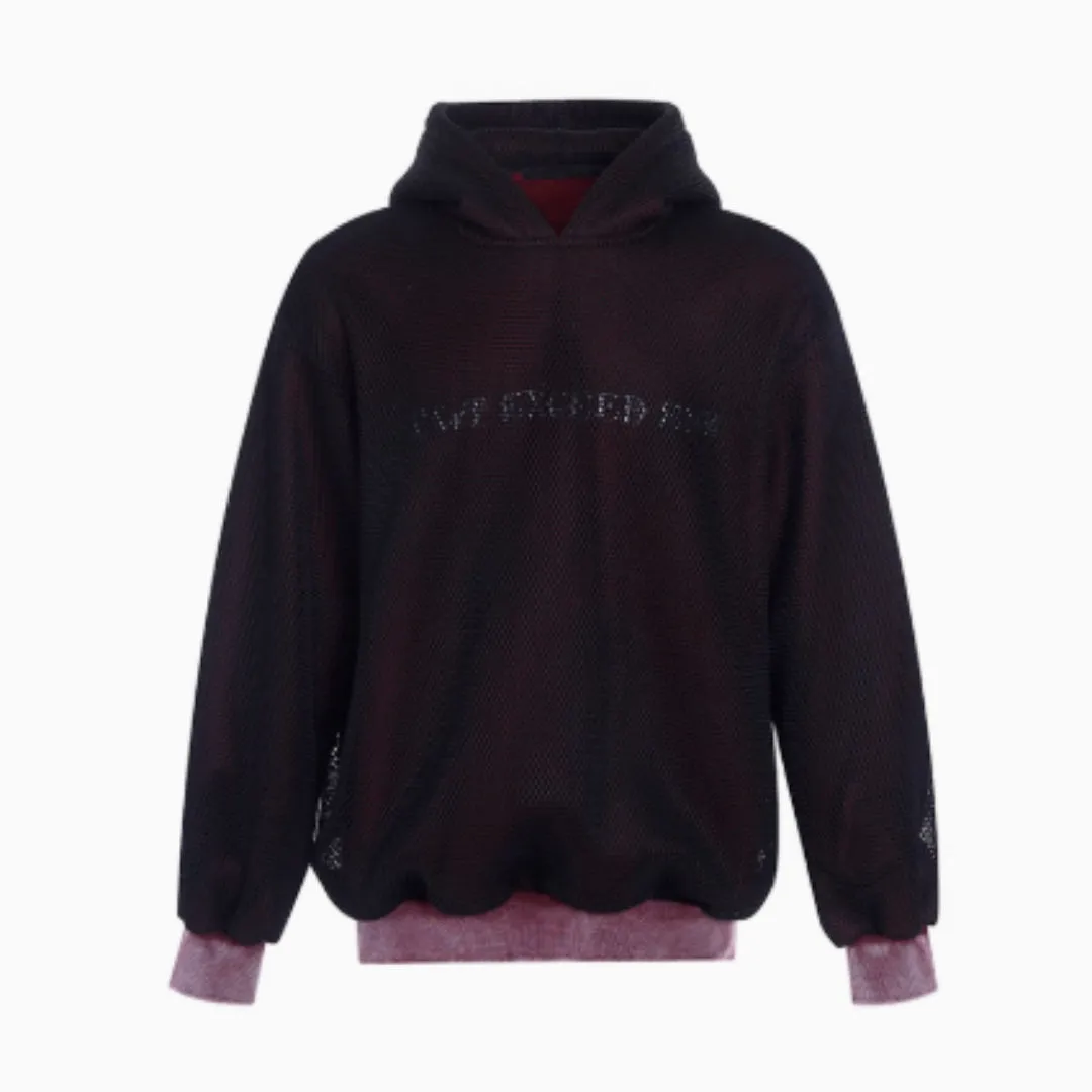 Men's black ash hollow out knitmesh hooded fleece lined sweater loose fit side view