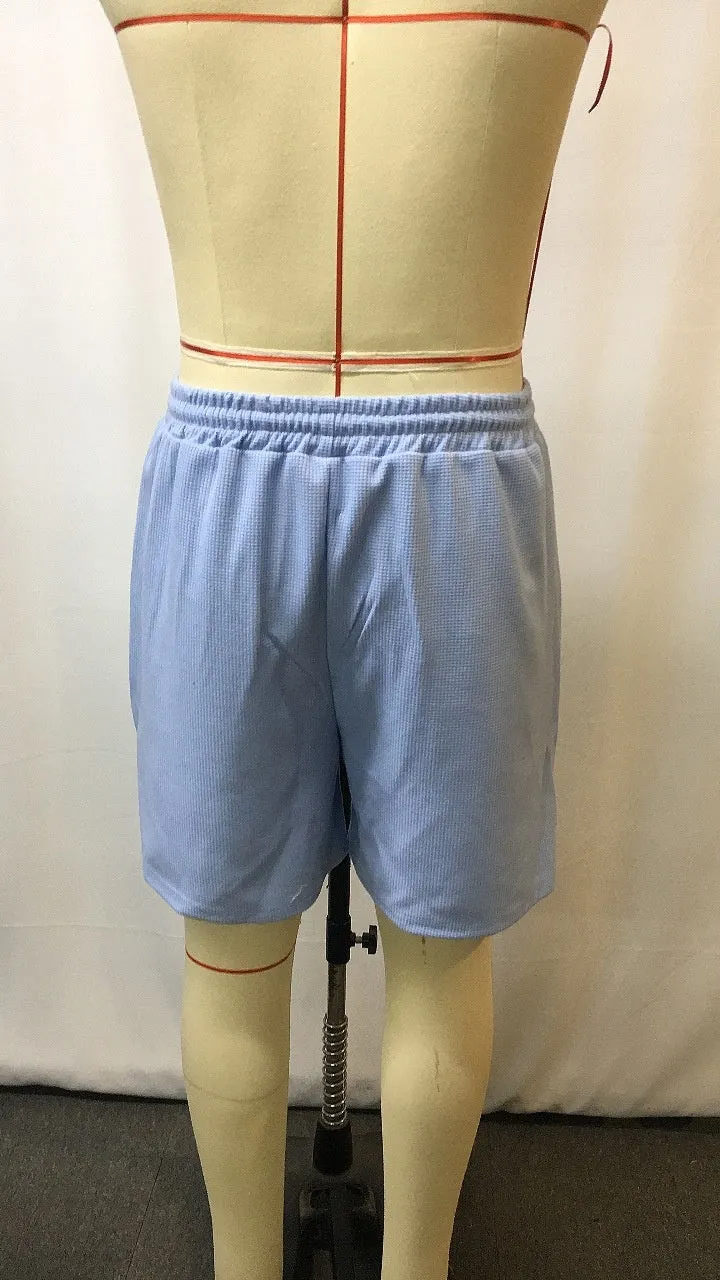 Men's retro waffle knit light blue polyester stretch shorts with wide leg, summer casual surfing wear